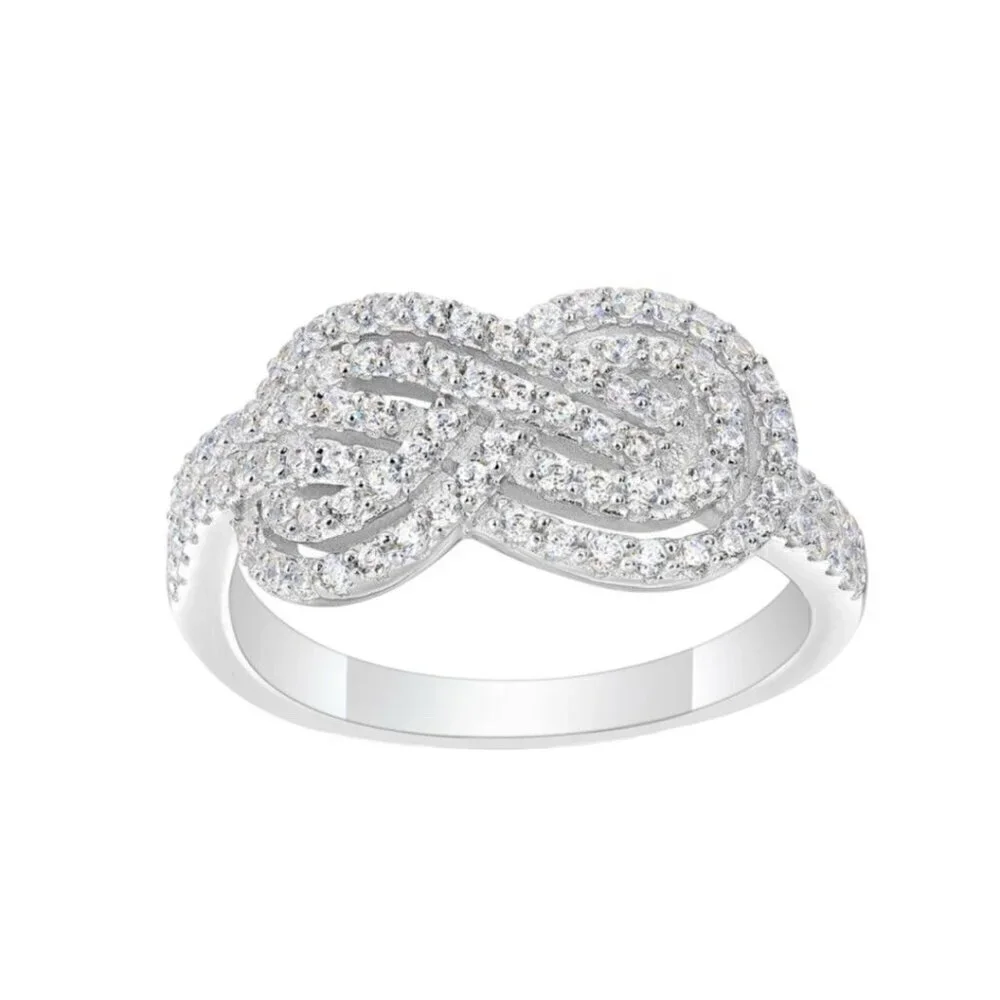 NEW 14K White Gold Plated Cubic Zirconia Pave Infinity Knot Ring Sz. 8